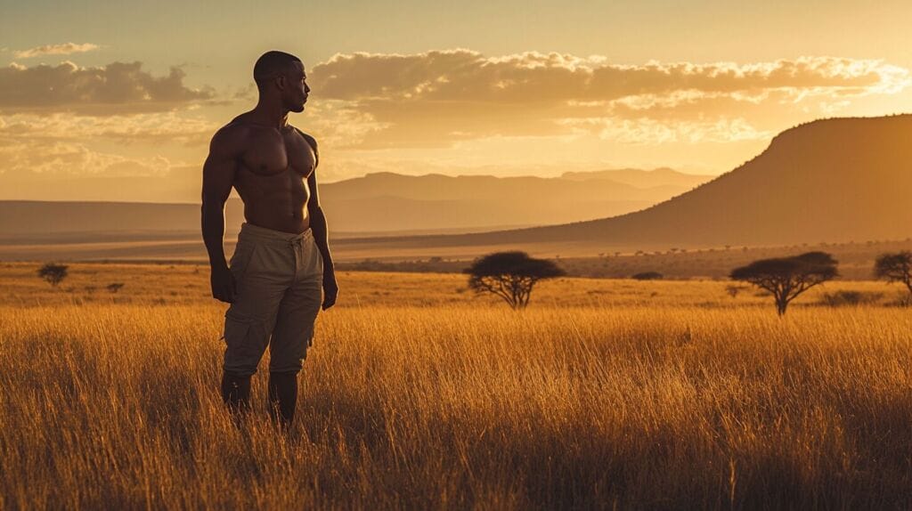 Un homme musclé au milieu de la savane africaine