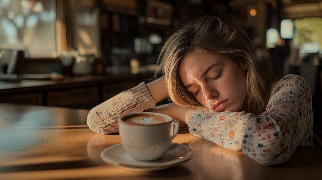 Une femme entrain de s'endormir devant son café sur sa table 