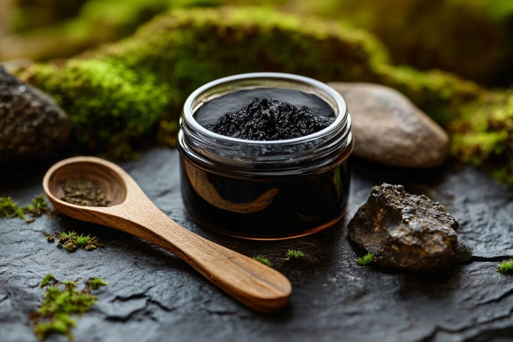 image d'un pot de shilajit de shamballa nutriforce au tibet. On voit le complément alimentaire posé sur une table.