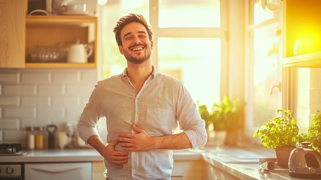 Un homme soulagé qui n'a plus mal au foie et digère facilement grâce à la chlorelle