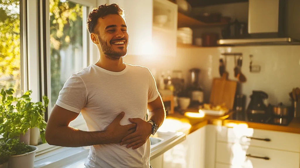 homme qui se sent mieux avec une meilleure digestion grâce à la griffe du diable