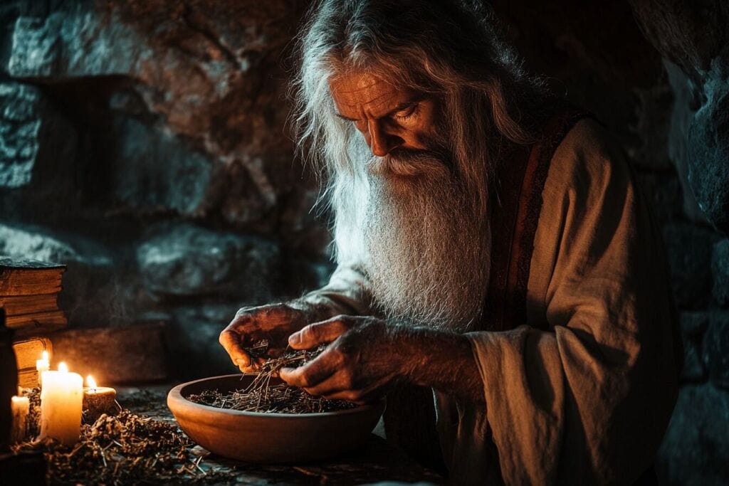 image d'un druide qui prépare un remède à base de plantes adaptogènes 