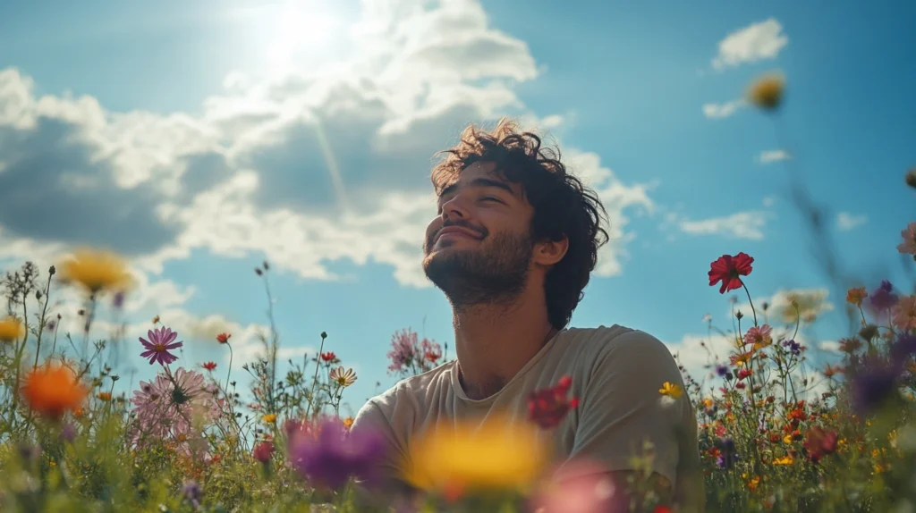 homme qui se se sent bien, dans un champ de fleurs car la griffe du diable est un anti oxydant