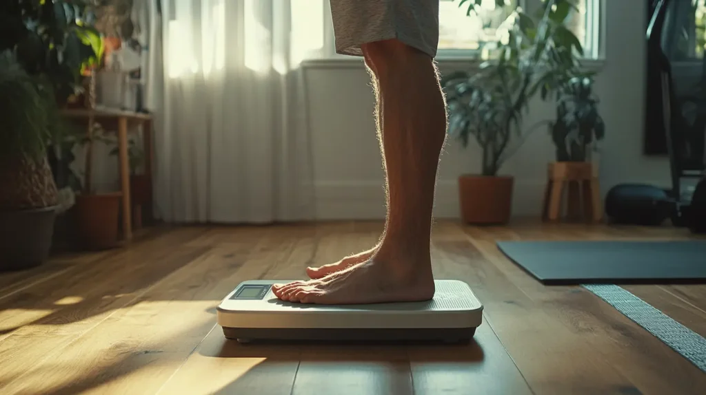 homme de bout sur une balance en train de se peser 