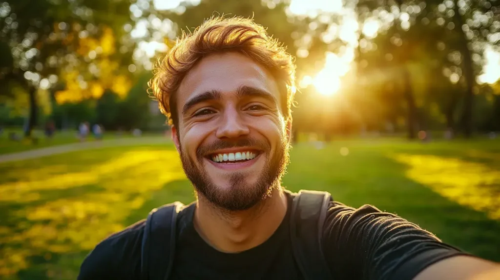 homme heureux qui se prend en selfie en souriant