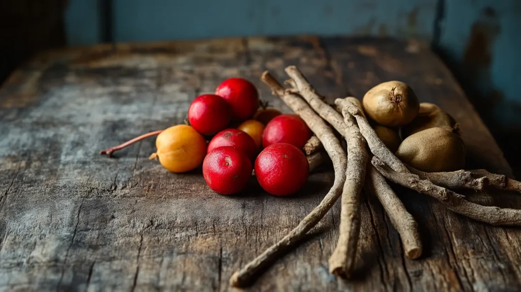 photo de racine d'ashwagandha avec du camu camu sur une table
