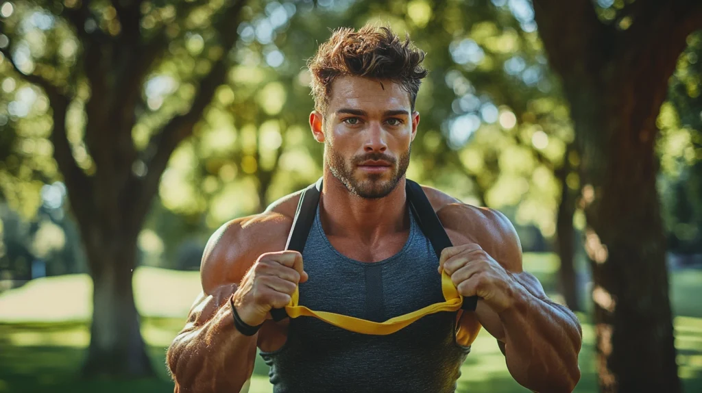 homme qui fait de la musculation avec des élastiques dans un parc