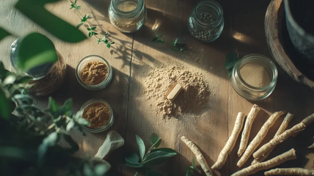photo de compléments alimentaires sur une table en bois 