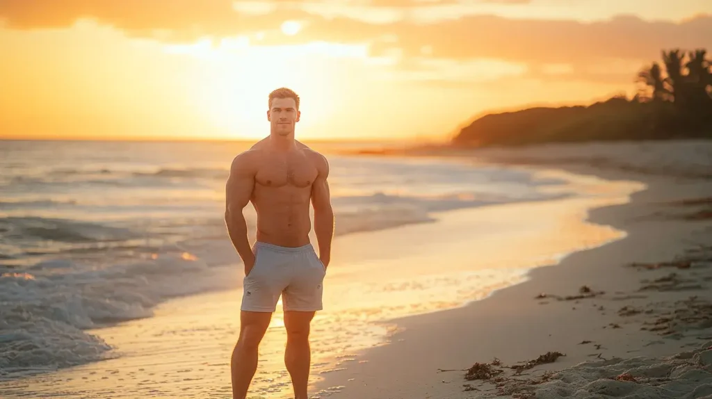 homme musclé debout sur la plage