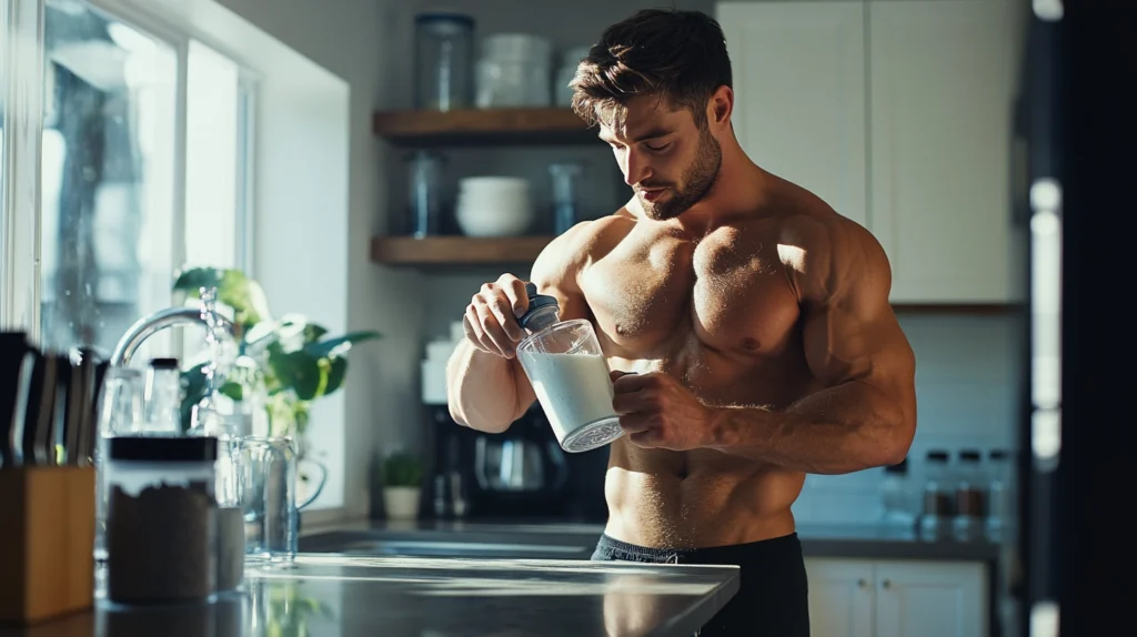 photo d'un homme musclé en train de se faire un shaker de whey vanille