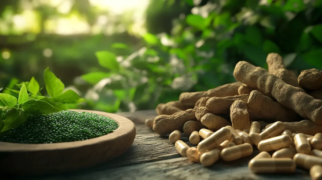 chlorelle et autres compléments alimentaires sur une table en bois