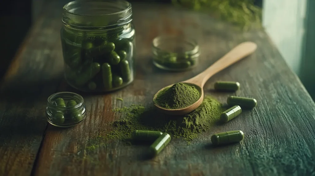 photo de chlorelle en poudre sur une table en bois 
