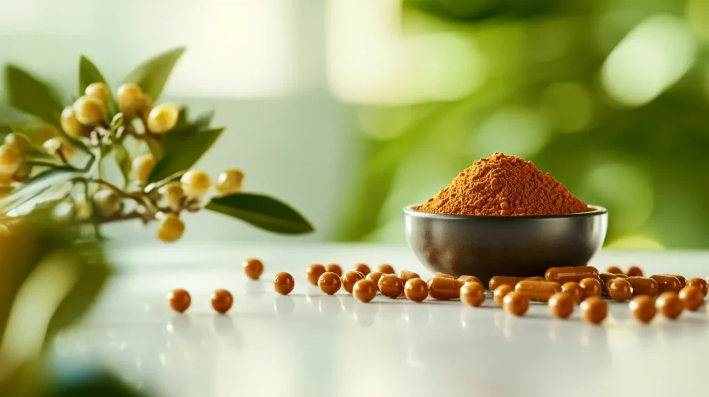 photo d'un récipient avec du camu camu en poudre et des gélules sur une table