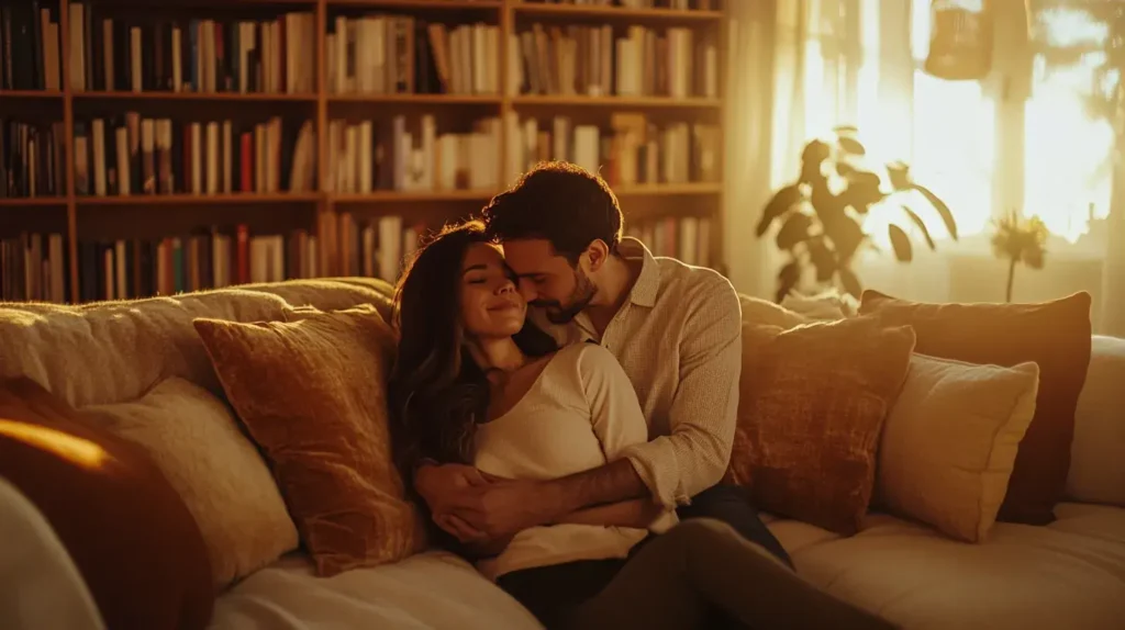 homme et femme qui s'enlacent dans un sofa 