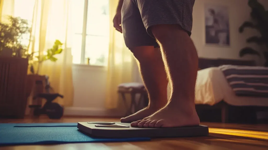 homme en surpoids sur un pèse personne
