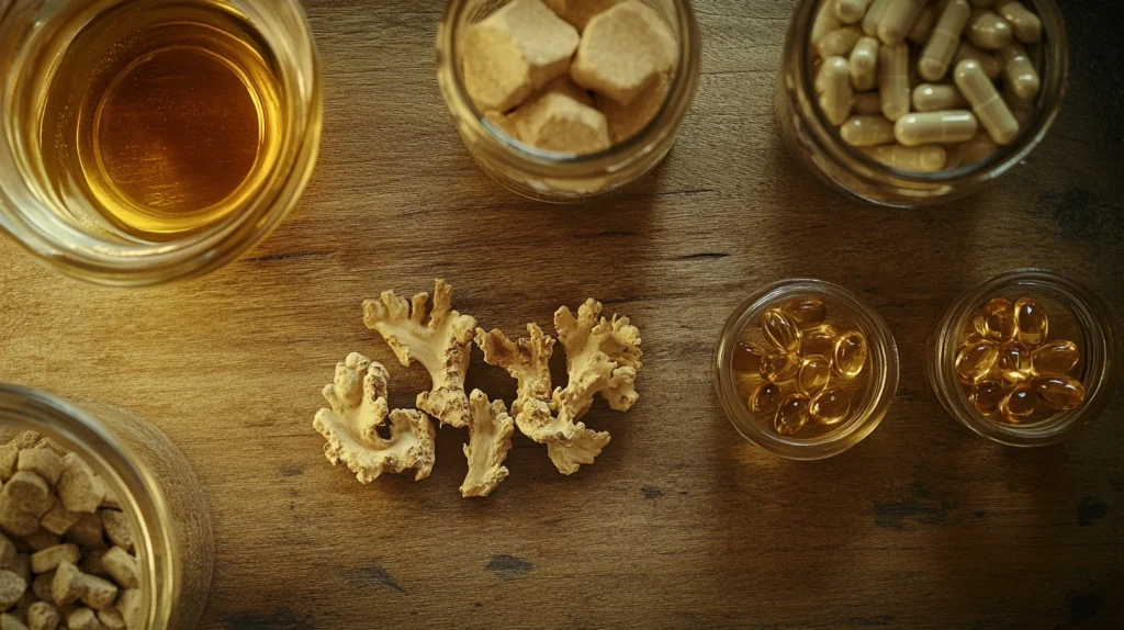 photo prise d'une table en bois avec des compléments alimentaires 