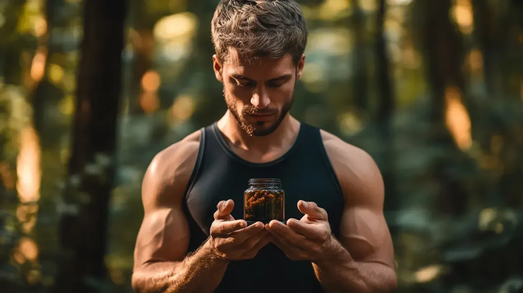 homme en tenue de sport qui tient du shilajit 