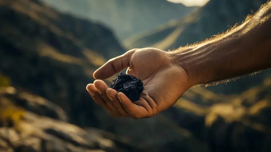 homme qui tient un morceaux de shilajit en main
