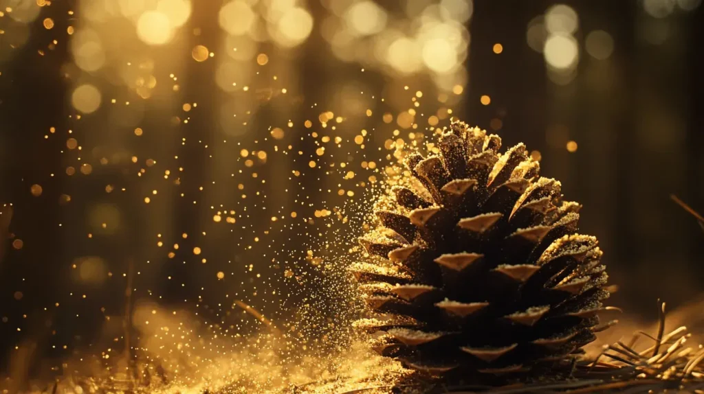 photo de pollen de pin sur un pomme de pin