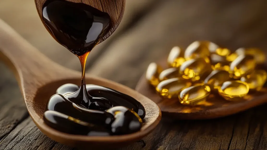 image qui montre un port de résine de shilajit et des gélules