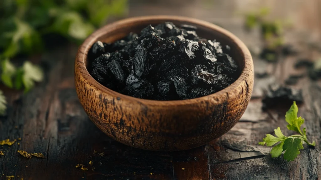 photo de shilajit dans un récipient en bois