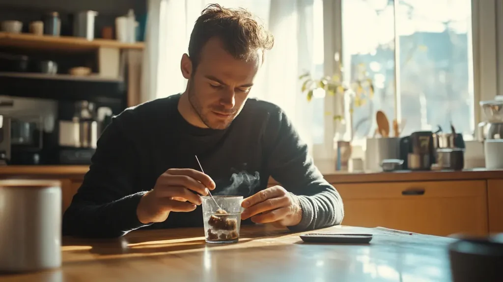 homme qui prend du shilajit assis à sa table de cuisine 