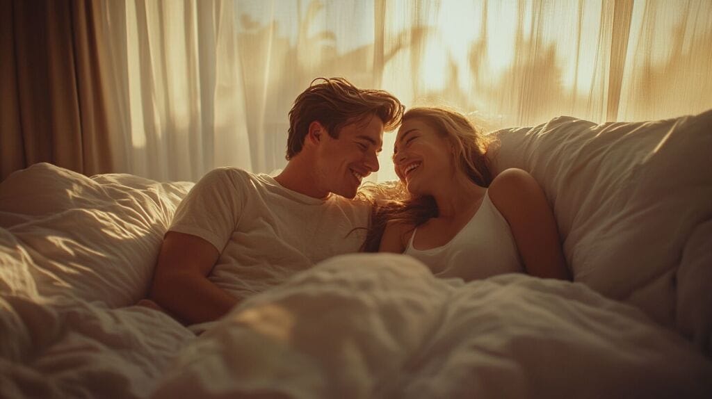 homme et femme dans un lit heureux 