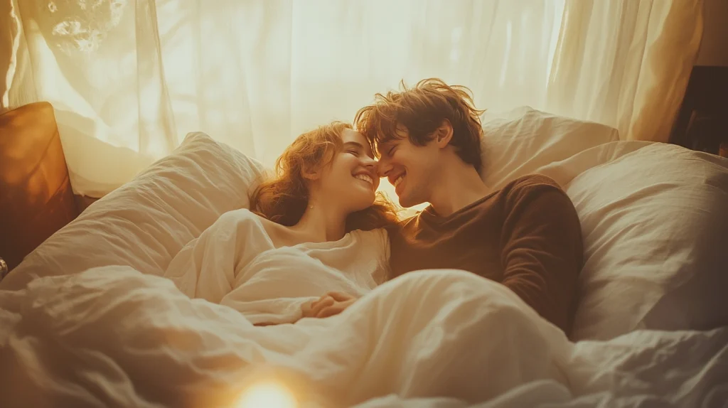 image d'un couple heureux dans leur lit 