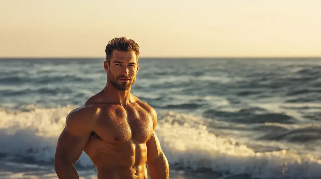 photo montrant un homme musclé sur la plage