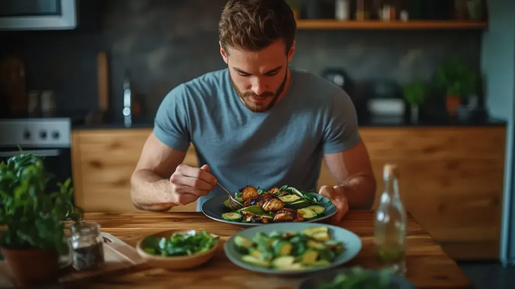 cette photo montre un homme musclé en train de manger 