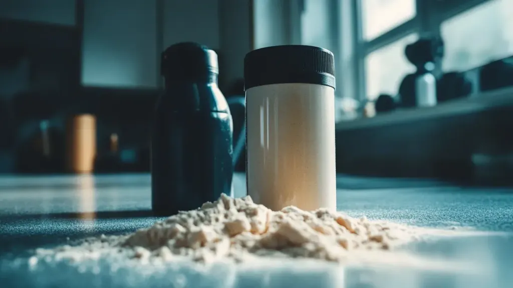 cette photo montre un shaker et un pot contenant de la whey protéine