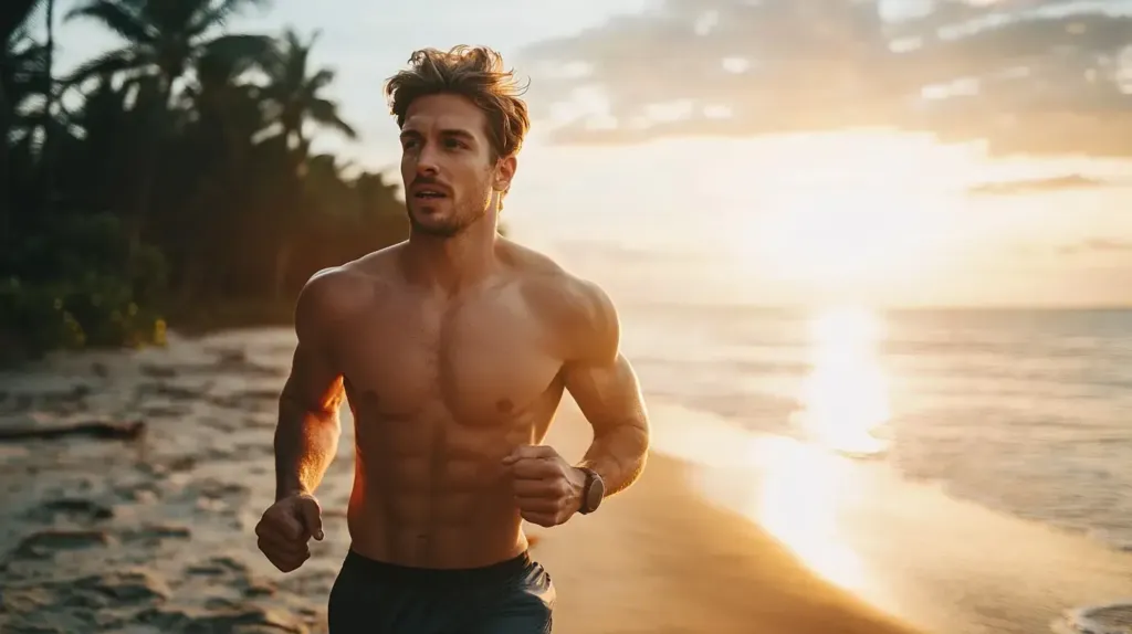 cette photo montre un homme qui court sur la plage 