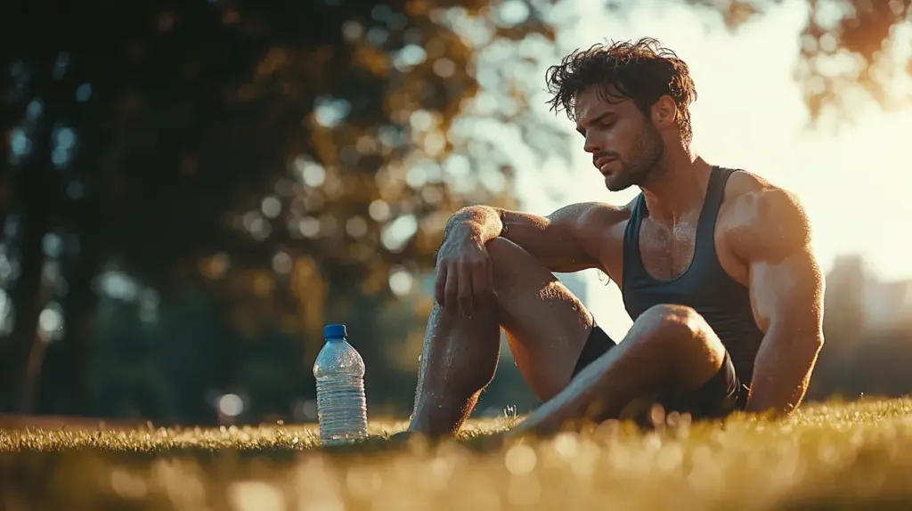 homme qui récupère après le sport assis dans l'herbe