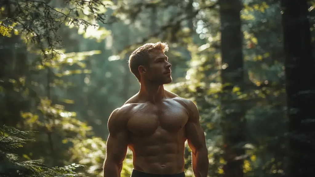 homme musclé dans la forêt 