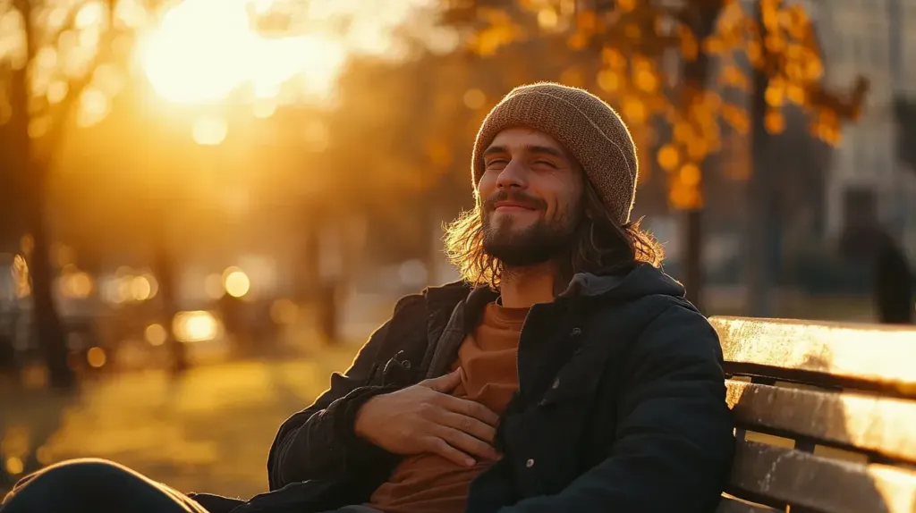 homme qui digère paisiblement sur un banc 