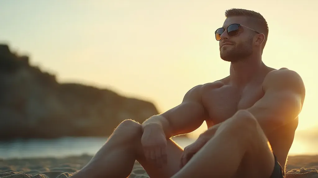 homme assis dans le sable l'air en forme et plein d'énergie