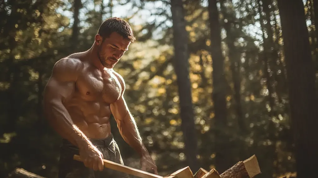 homme blanc musclé qui coupe du bois dans la forêt