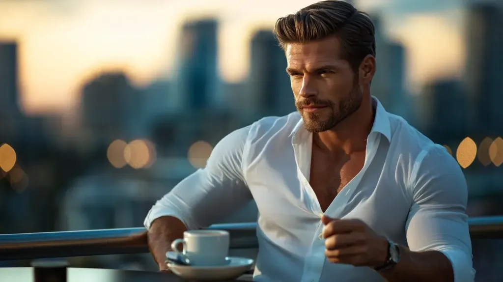 homme musclé sur une terrasse de restaurant avec un café