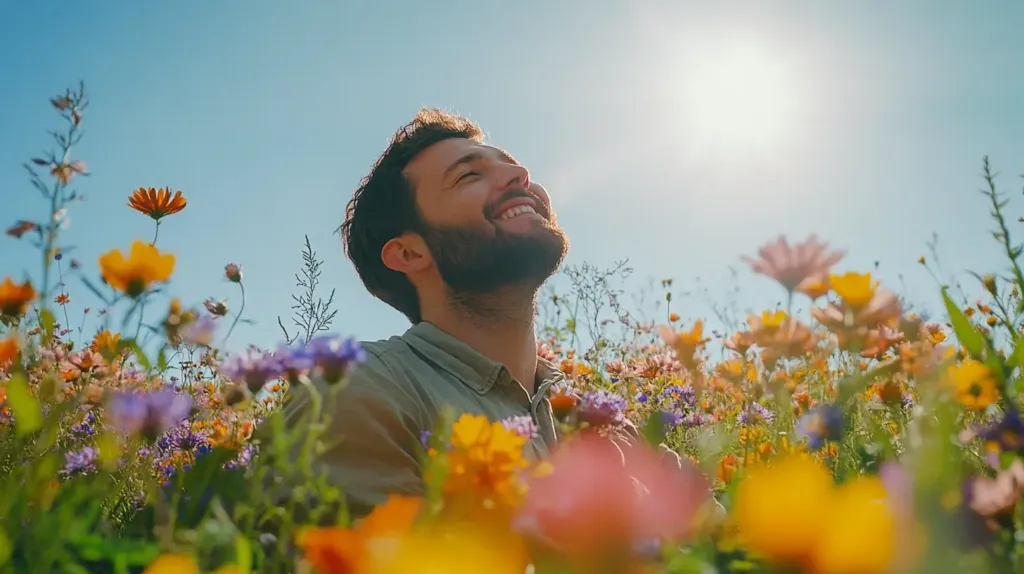 cette image montre un homme au milieu d'un champs de fleurs