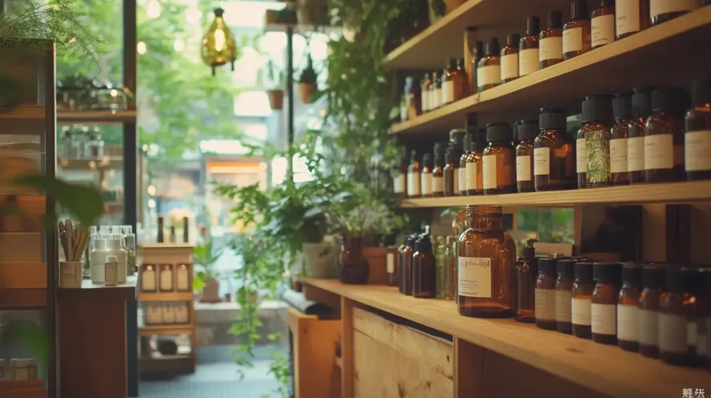 photo d'une boutique de complément alimentaires cosy en bois, avec des plantes 