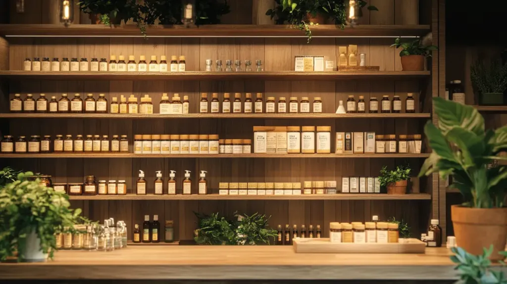 cette image montre un rayon de compléments alimentaires dans une boutique en bois 