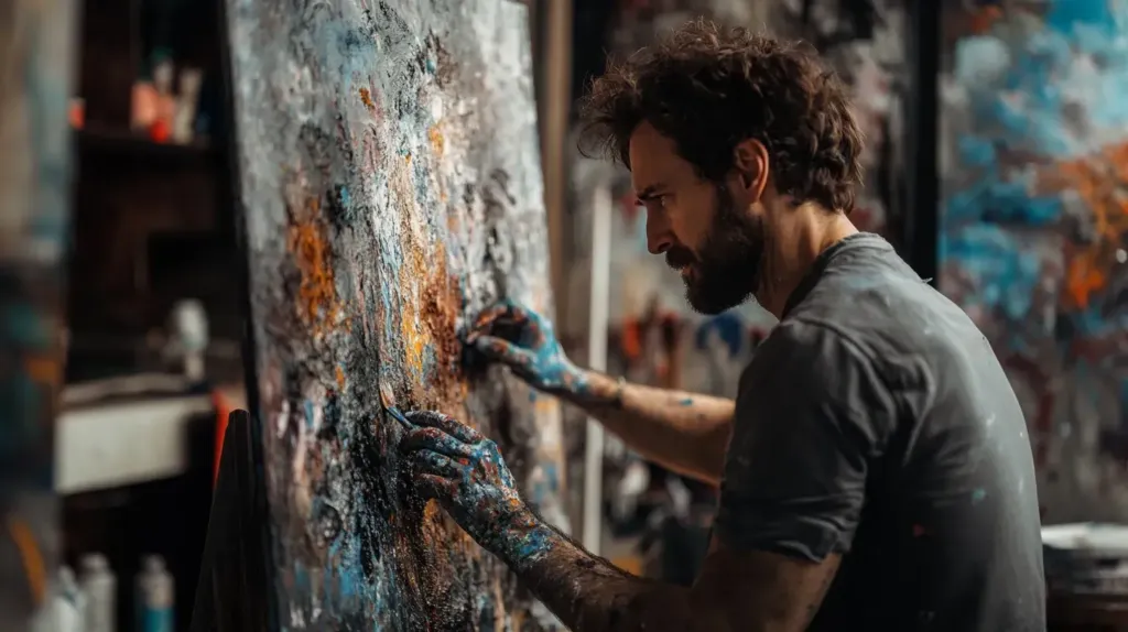 artiste peintre en train de peindre dans son atelier