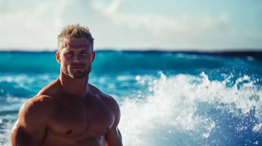 phpoto d'un homme musclé devant l'océan 