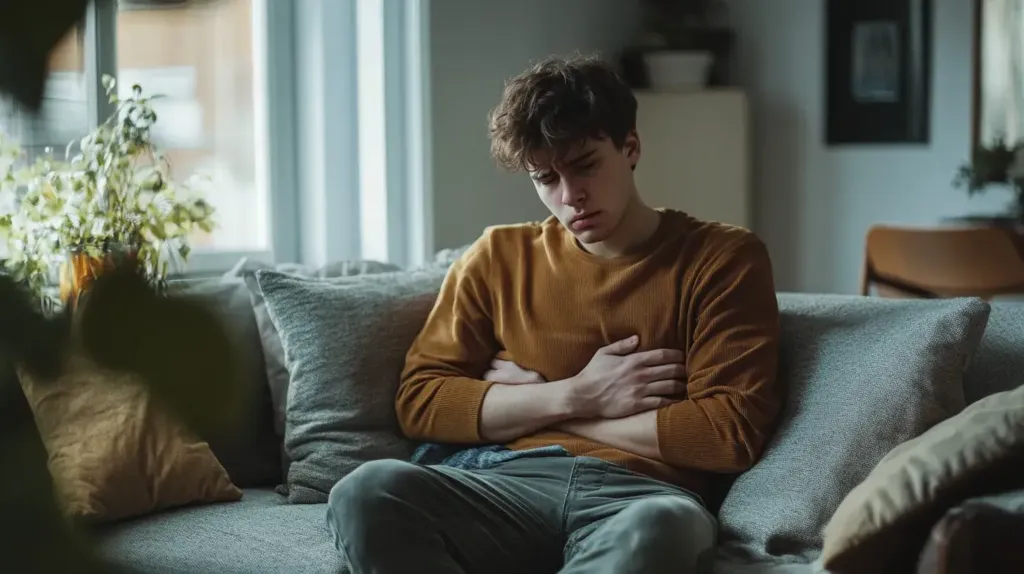 photo d'un jeune homme qui à mal au ventre, il se tient l'abdomen