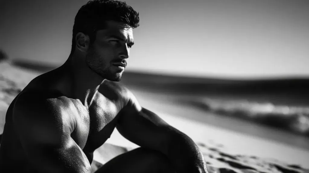 photo en noir et banc d'un homme musclé sur la plage 