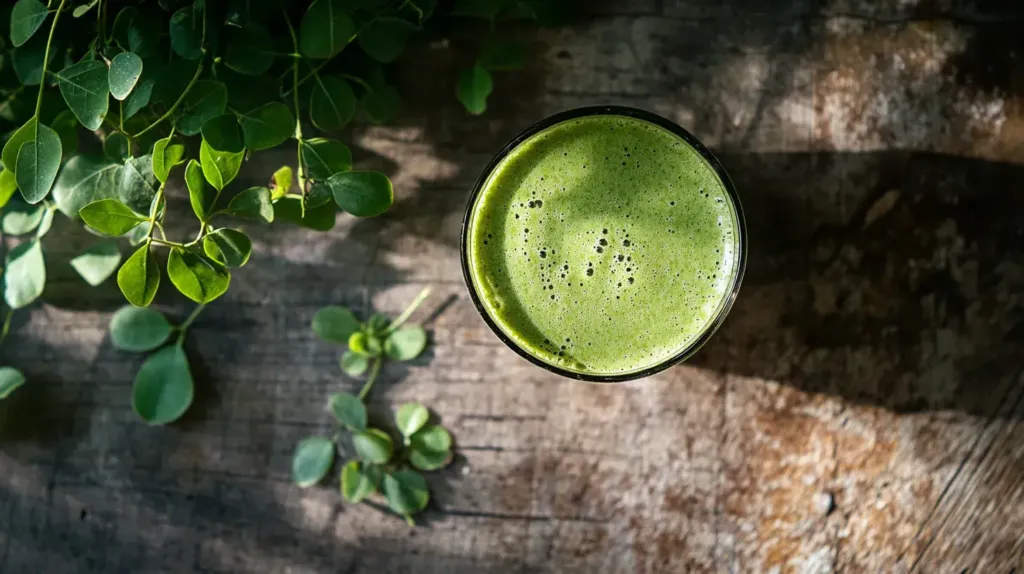 photo de moringa en gélule, poudre, et smoothie