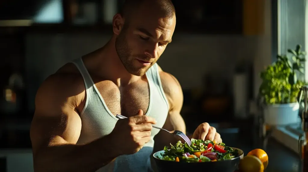 homme en train de manger une salade 