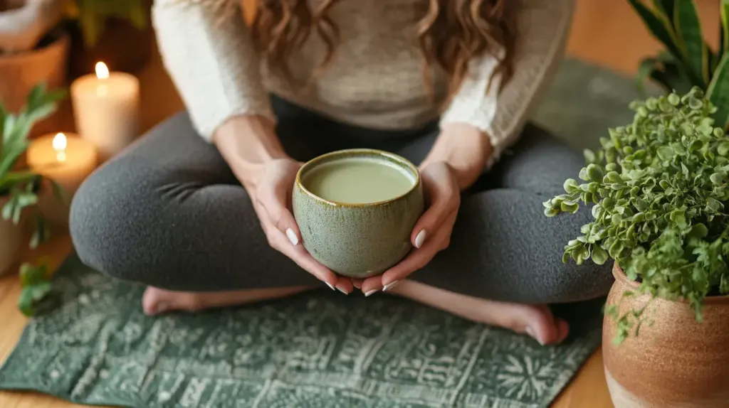 femme qui tient un mug avec un smoothie de moringa