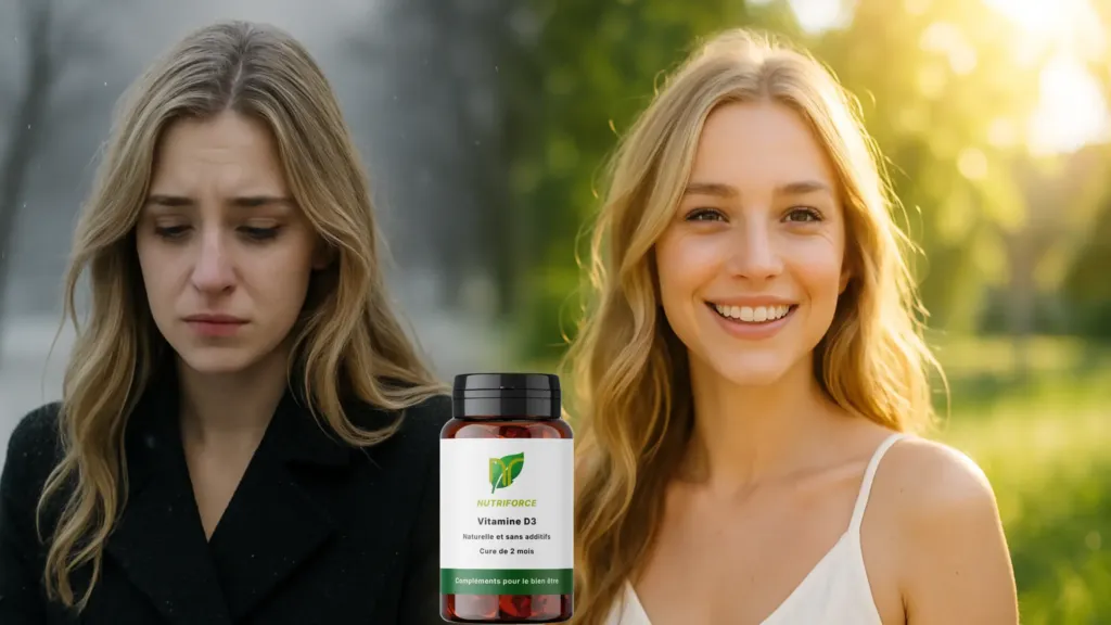 On voit un avant et après de la prise de la vitamine D3 sur le visage d'une femme.