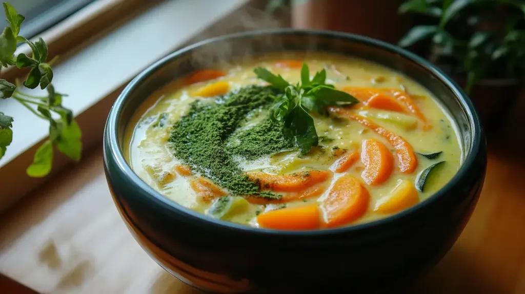 cette image montre une soupe à la poudre de moringa